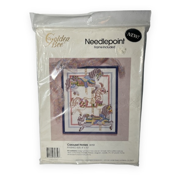 Carousel Horses‎ Needlepoint Kit Golden Bee Frame Included Nursery Girls Decor - Picture 2 of 5